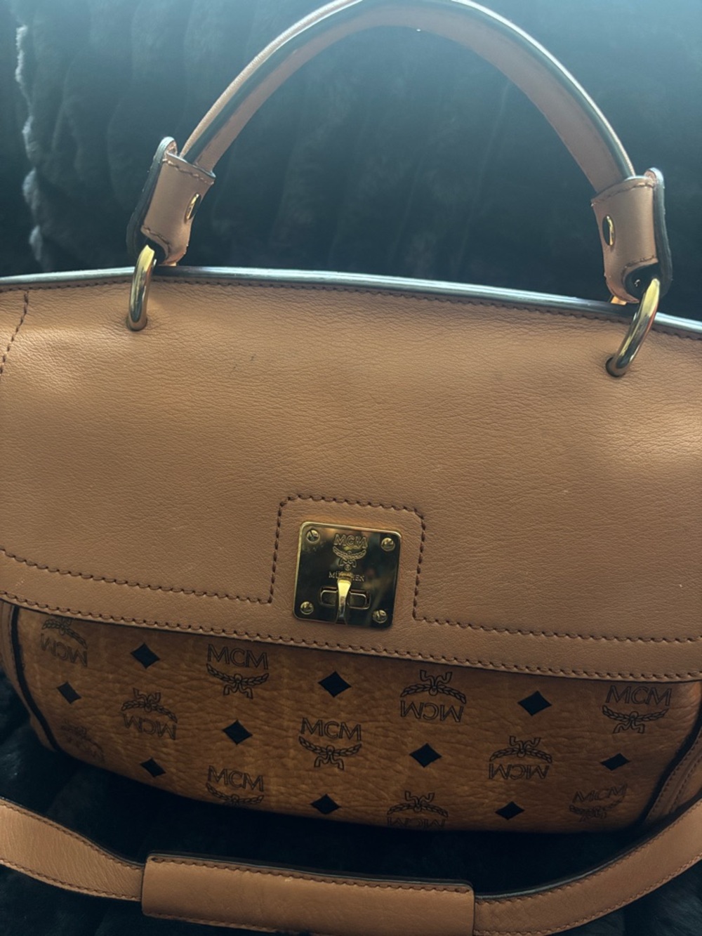MCM Cognac Visetos Monogram Satchel with Gold Hardware